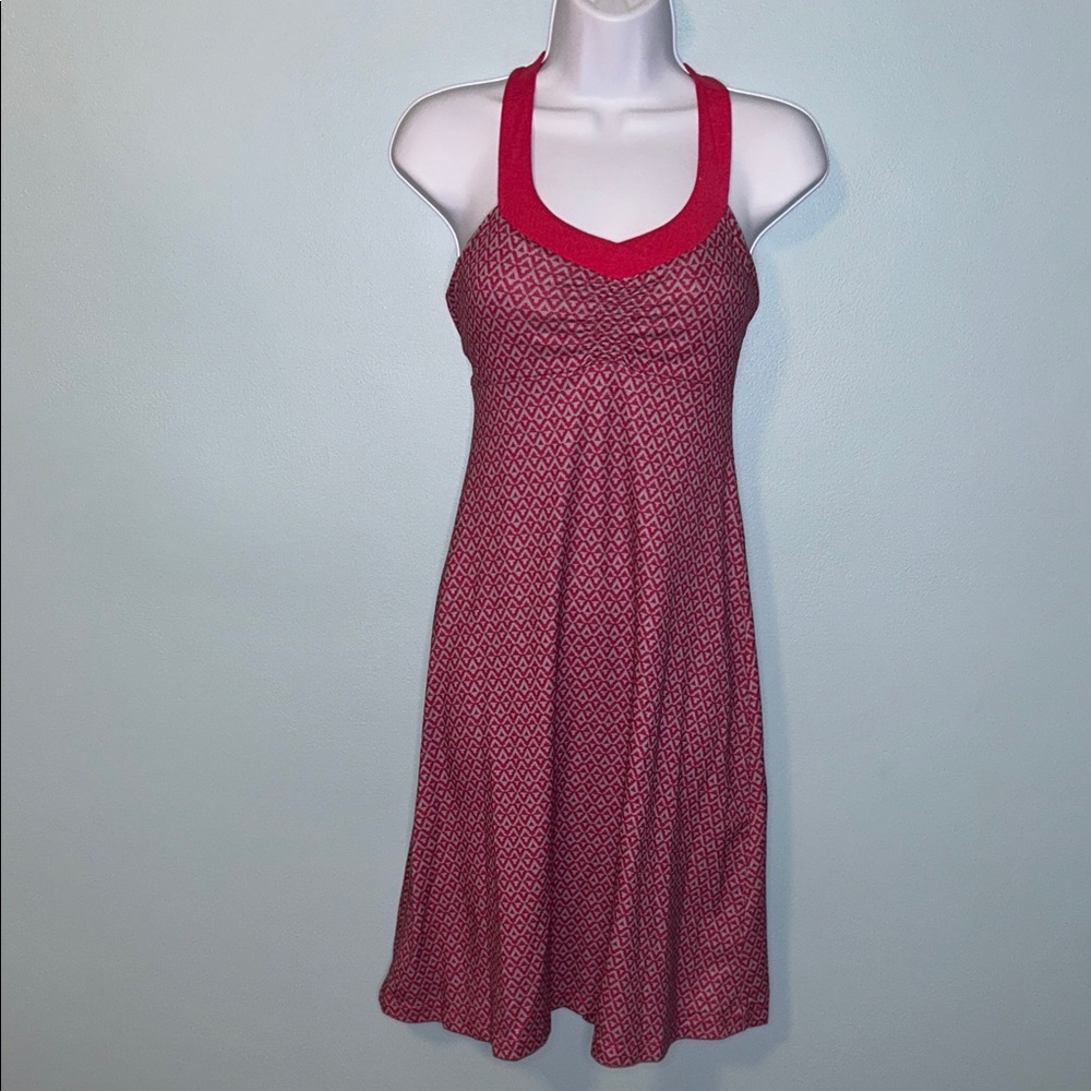 Prana Pink/Red Print Athletic Dress with Built-in Lined Shelf Bra, XS